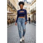 Kadın Lacivert Modern Fit Göğüs Dekolteli Uzun Kollu Cut Out Crop Top Bluz