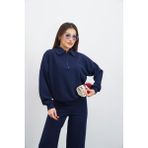 Kadın Lacivert Renk Eşofman Takım Oversize Fermuarlı Sweatshirt Pantolon - XL