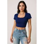 Kadın Lacivert Yarım Kol Düz Yaka Crop Top Bluz – Şık, Rahat Ve Kolay Kombinlenebilir