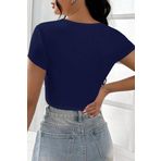 Kadın Lacivert Yarım Kol Düz Yaka Crop Top Bluz