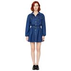 Kadın Lacivert%100 Pamuk Uzun Kollu Gömlek Yaka Lastikli Belli Skater Mini Denim Elbise Kaliteli-Lacivert-34