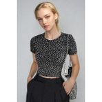Kadın Leopar Baskılı Pamuklu Likralı Bisiklet Yaka Basic Kısa Kollu Esnek Body Crop - XS
