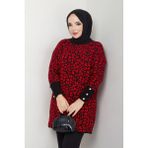 Kadın Leopar Desenli Düğme Detaylı Triko Kazak -PMK373 - Standart - Bordo