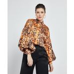 Kadın Leopar Desenli Gömlek - Balon Kol - Saten - Modern ve Şık Tasarım - Günlük ve Özel Gün Kullanımı için Gömlek, Orange, 40