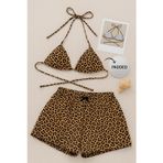 Kadın Leopar Desenli Şortlu Belden Ve Boyundan Bağlamalı Bikini Takımı