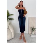 Kadın Likralı Yırtmaç Detaylı Straplez Denim Elbise