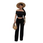 Kadın Madonna Yaka Crop Tişört-Bol Paça Alt Cotton Kaşkorse Takım Siyah M