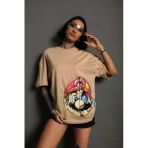 Kadın Mario Baskılı T-Shirt Oversize Kısa Kol Bisiklet Yaka Tişort - Bej