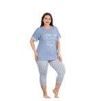 Kadın Mavi Çizgili Büyük Beden Kısa Kollu Kapri Pijama Takım, 4XL, LD10670-198IGP100592