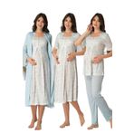 Kadın Mavi Hamile Lohusa Sabahlık Gecelik Pijama Takım 4'lü Set, S, B8016EF-19804IGP2716720