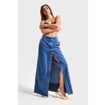 Kadın Mavi Renk 1s5-5 Maxi Boy Önü Düğmeli Kemer Detaylı%100 Koton Tasarım Denim Etek Mavi 34