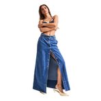 Kadın Mavi Renk 1s5-5 Maxi Boy Önü Düğmeli Kemer Detaylı%100 Koton Tasarım Denim Etek Mavi 36
