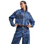 Kadın Mavi Renk Parlak Taş Detaylı Crop Fit Denim Ceket Mavi L