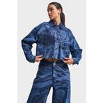 Kadın Mavi Renk Parlak Taş Detaylı Crop Fit Denim Ceket Mavi M