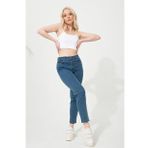 Kadın Mavi Süper Skinny Fit Esnek Likralı Yüksek Bel Denim Boyfriend Jean Kot Pantolon