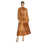 Kadın Midi Elbise - Katlı Etek, Fiyonklu Yaka Detaylı - Modern ve Şık - Günlük ve Özel Gün için Elbise, Camel, 38