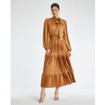 Kadın Midi Elbise - Katlı Etek, Fiyonklu Yaka Detaylı - Modern ve Şık - Günlük ve Özel Gün için Elbise, Camel, 40