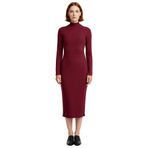 Kadın Midi Örme Elbise Bodycon Kalıbı Dik Yaka Uzun Standart Kol Yırtmaç Detaylı Düz Tasarım Kış-Bordo-XL