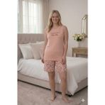 Kadın Milan Kumaş Büyük Beden Curve Baskılı Desenli Bambu Şortlu Pijama Takımı - Pembe - 3XL