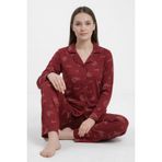 Kadın Milan Soft Önden Düğmeli Love Yazı Desenli Pijama Takımı – Bordo (XL)