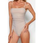 Kadın Moda Atma Kap Kolsuz Slip Yaka Pembe Straplez Drapeli Simli High Leg Regular Mayo
