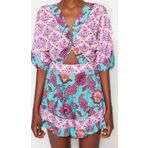 Kadın Moda Büzgülü Fırfırlı Kol Geniş Paça V Yaka Çiçekli Desen Kısa Dokuma Cut Out Pencere Tulum