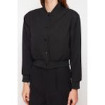 Kadın Moda Şık Bol Hakim Yaka Crop Düz Astarlı Oversize Crop Ince Bomber Mont - Siyah