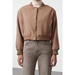 Kadın Moda Şık Bol Hakim Yaka Crop Düz Astarlı Oversize Crop Ince Bomber Mont - Vizon - 2XS