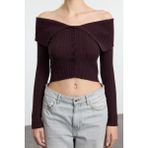 Kadın Moda Şık Carmen Yaka Standart Kol Crop Özel Iplik Triko Hırka - Koyu Kahverengi