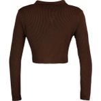 Kadın Moda Şık Crop Polo Yaka Uzun Kol Düz Crop Fermuarlı Triko Hırka - Kahverengi - XS