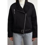 Kadın Moda Şık Oversize Gömlek Yaka Standart Düz Astarlı Kemerli Gabardin Biker Ince Ceket Mont - Siyah - XL