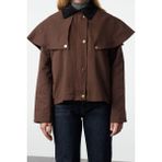 Kadın Moda Şık Oversize Gömlek Yaka Standart Düz Astarlı Omuz ve Yaka Detaylı Ince Ceket Mont - Kahverengi - 2XS