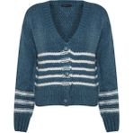 Kadın Moda Şık Regular V Yaka Uzun Kol Çizgili Yumuşak Dokulu Triko Hırka - İndigo
