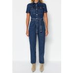 Kadın Moda Standart Kol Boru Paça Ceket Yaka Düz Desen Uzun Kemerli Denim Tulum