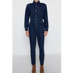 Kadın Moda Standart Kol Dar Paça Ceket Yaka Düz Desen Uzun Balon Kollu Denim Tulum