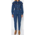 Kadın Moda Standart Kol Dar Paça Ceket Yaka Regular Dikiş Detaylı Denim Tulum