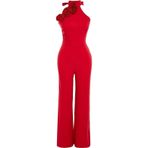Kadın Moda Standart Kol Geniş Paça Halter Yaka Düz Desen Uzun Gül Detaylı Dokuma Tulum