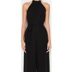 Kadın Moda Standart Kol Geniş Paça Halter Yaka Uzun Kuşaklı Maxi Şifon Astarlı Dokuma Tulum