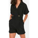 Kadın Moda Standart Kol Geniş Paça Kruvaze Düz Desen Kısa Kemerli Kurvaze Yaka Mini Dokuma Tulum