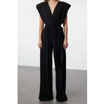 Kadın Moda Standart Kol Geniş Paça Kruvaze Düz Desen Regular V Yaka Kuşaklı Örme Tulum