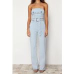 Kadın Moda Standart Kol Geniş Paça Straplez Düz Desen Regular Kemerli Straplez Denim Tulum