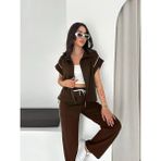 Kadın Modal Kumaş Garnili Sıfır Kol Dik Yaka Oversize Eşofman Takımı - Kahverengi - XL
