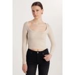 Kadın Modal Kumaş Slim Fit Dar Kesim Kare Yaka Taş Bluz