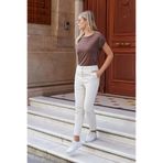 Kadın Modal Penye Geniş Sıfır Yaka Düşük Omuzlu Apoletli Kısa Kol T-shirt Bluz-Kahve