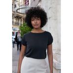 Kadın Modal Penye Geniş Sıfır Yaka Düşük Omuzlu Apoletli Kısa Kol T-Shirt Bluz-Siyah