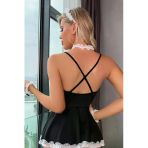 Kadın Modern Stil Siyah Dantel Ve Tül Detaylı Tokalı Tanga Külotlu Hizmetçi Kostümü