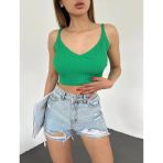 Kadın Modern Stil V Yaka Askılı Crop Triko Yeşil - Df2202 Büstiyer