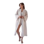 Kadın Natur Keten Sırtı Nakışlı İnci Detaylı Uzun Kimono Ceket 29001