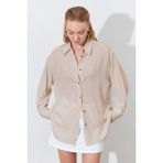 Kadın Naturel Oversize Keten Gömlek - Bej