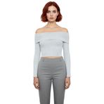 Kadın Off Shoulder Fitilli Uzun Kollu Bluz Kaliteli Şık Rahat Modern Zarif Günlük_Gri Melanj-S